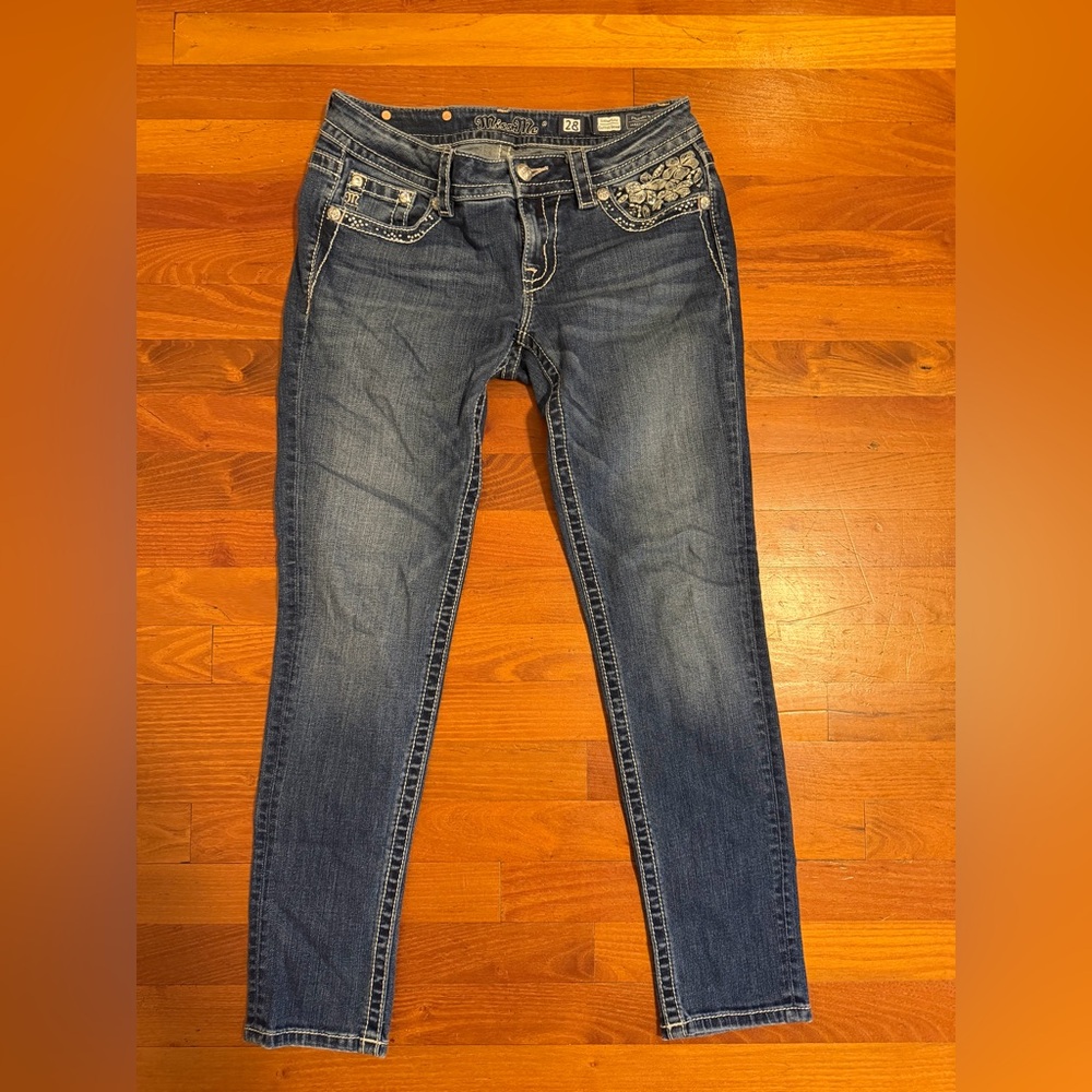 Miss Me Dark Indigo Skinny Jeans with Embellished Pockets
